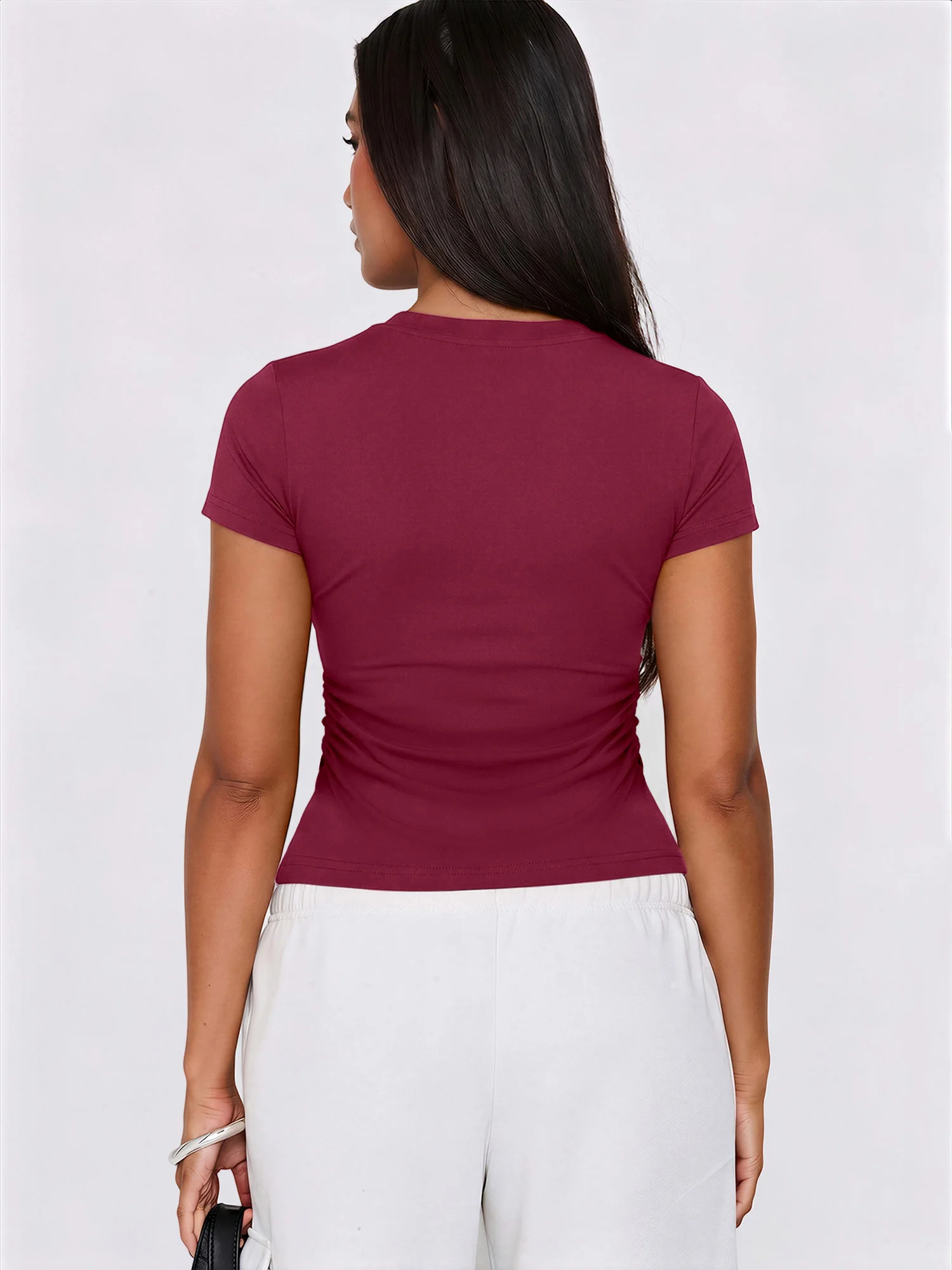 Comfort Stretchy Women Crew Neck Tee Shirts Short Sleeve Solid Side Gathered Waist Slim‑Body Design Summer Casual Blouse