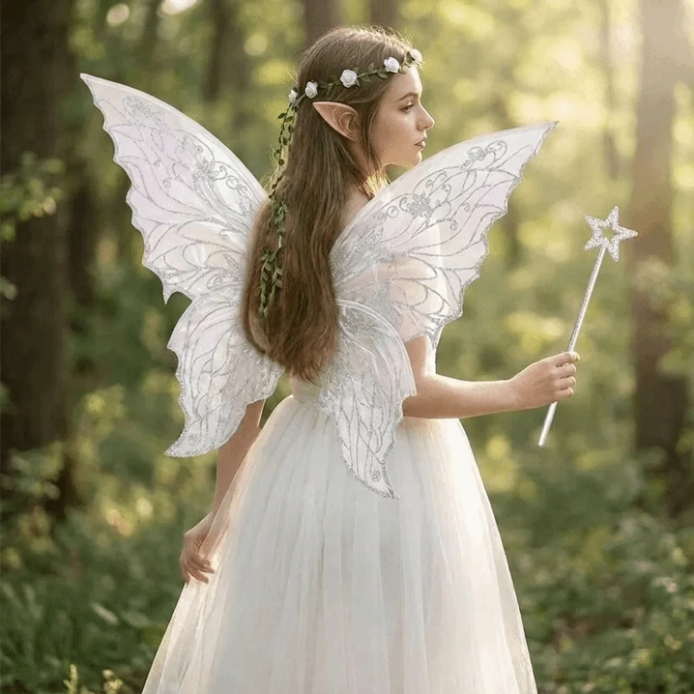 Foldable Wings Wreath Elf Ear Set Wand Sparkling Butterfly Wings Set Flower Crown Fairy Wings Fairy Cosplay Set Themed Party
