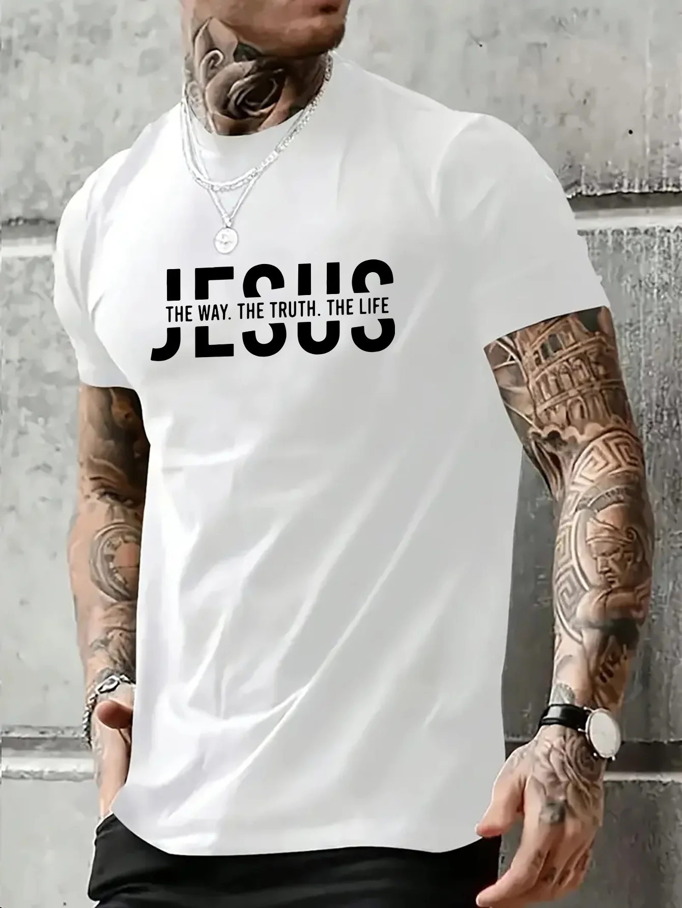 Summer men's 100% pure cotton casual loose fit Jesus Way truth life letter printed round neck short sleeved T-shirt top image 2