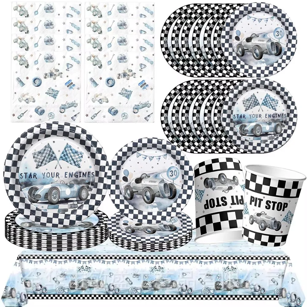 Blau Rennwagen Geburtstag Party Dekor Rennwagen Geburtstag Party Geschirr Rennwagen Thema Teller Tasse Servietten Racing Party Supplies – Detail 1