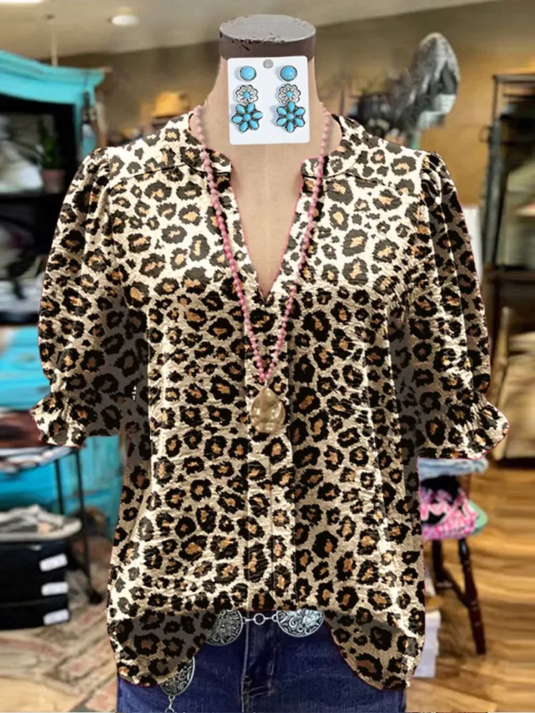 Classic Leopard Print Puff Sleeve Top