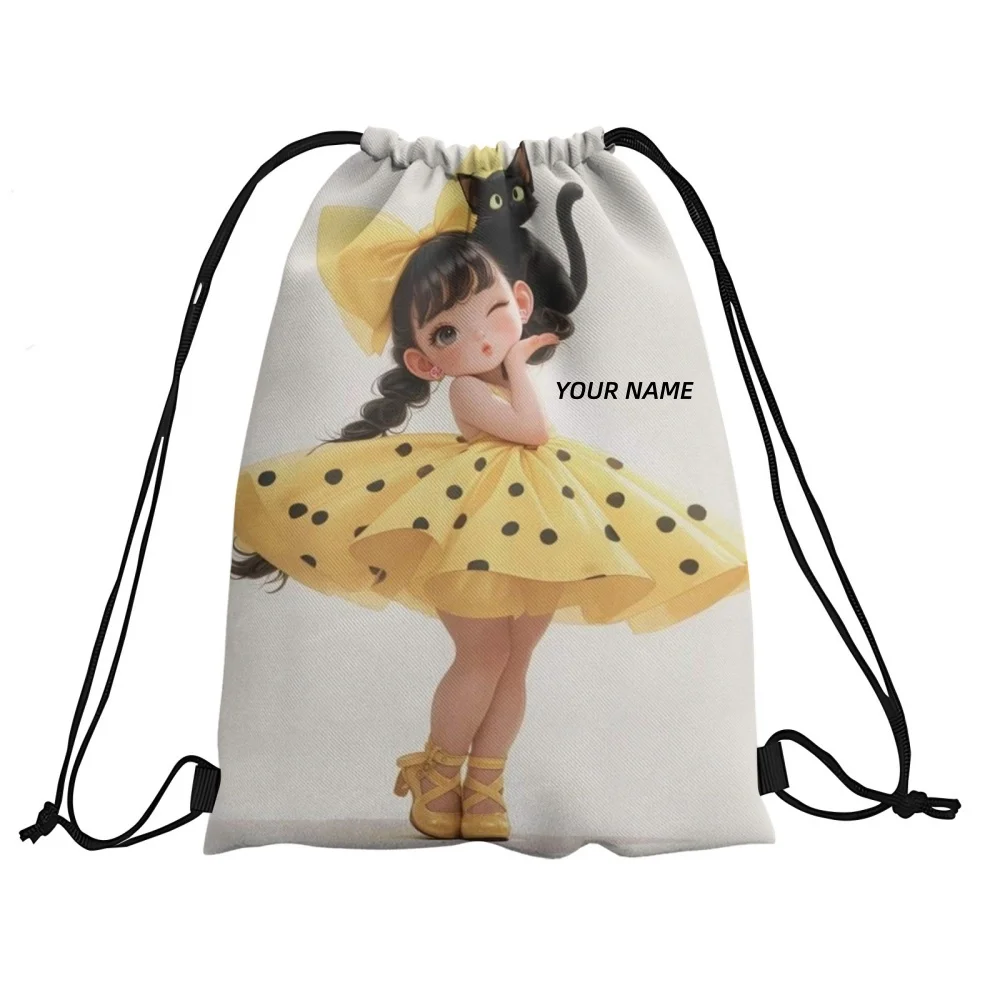 Personalized Drawstring Bag with Cute Girl Pattern Custom Text Backpack for Women Girls Fitness Travel Outdoor Sports