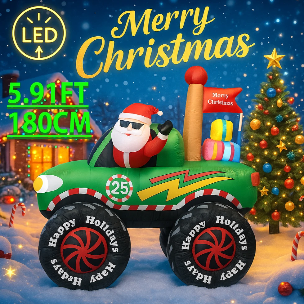 5.91FT عطلة الإضاءة مع أضواء LED العملاق عيد الميلاد نفخ سانتا كلوز شاحنة اللعب عيد الميلاد ساحة زخرفة لوازم الحفلات المنزلية