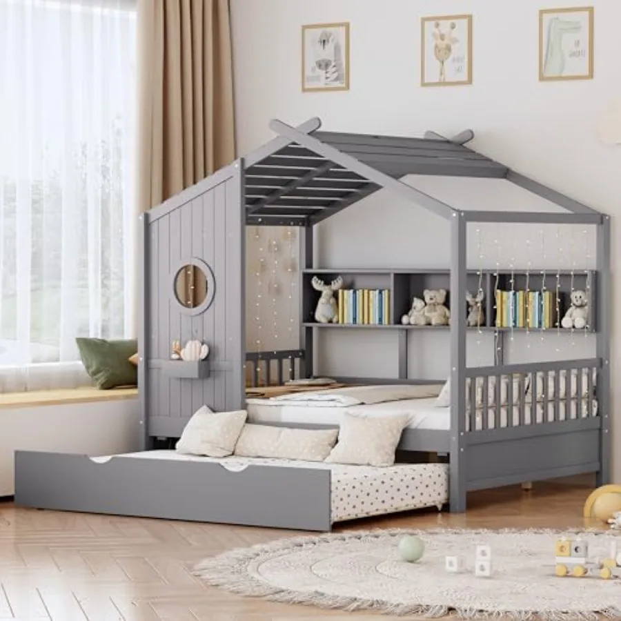 

House Bed with Trundle for,Full Bed Frame with Storage Shelves, Wood House Bed Frame for Girls, Boys, Can be Decorated, Gray