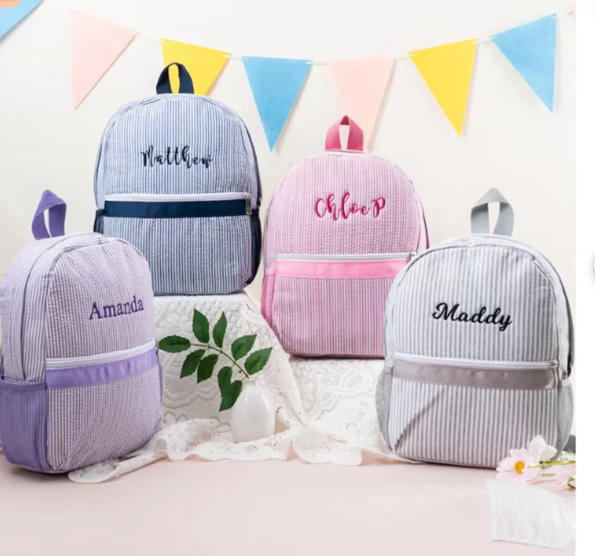 

Personalized Embroidery Foam Gauze Backpack, Creative Striped Backpack, Student Leisure Travel Large Capacity Backpack