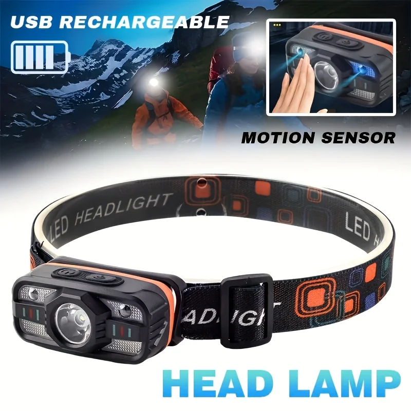 

High Lumen LED Headlamp with Motion Sensor 3 Lighting Modes Adjustable Headband USB Rechargeable Headlight for Camping Fishing
