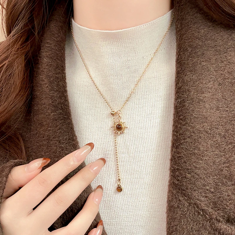 Lange Sonnenblume Tigerauge Stein Anhänger Halskette für Damen Accessoires 2025, neue Herbst/Winter Pullover Kette Licht Luxus Schmuck – Detail 4