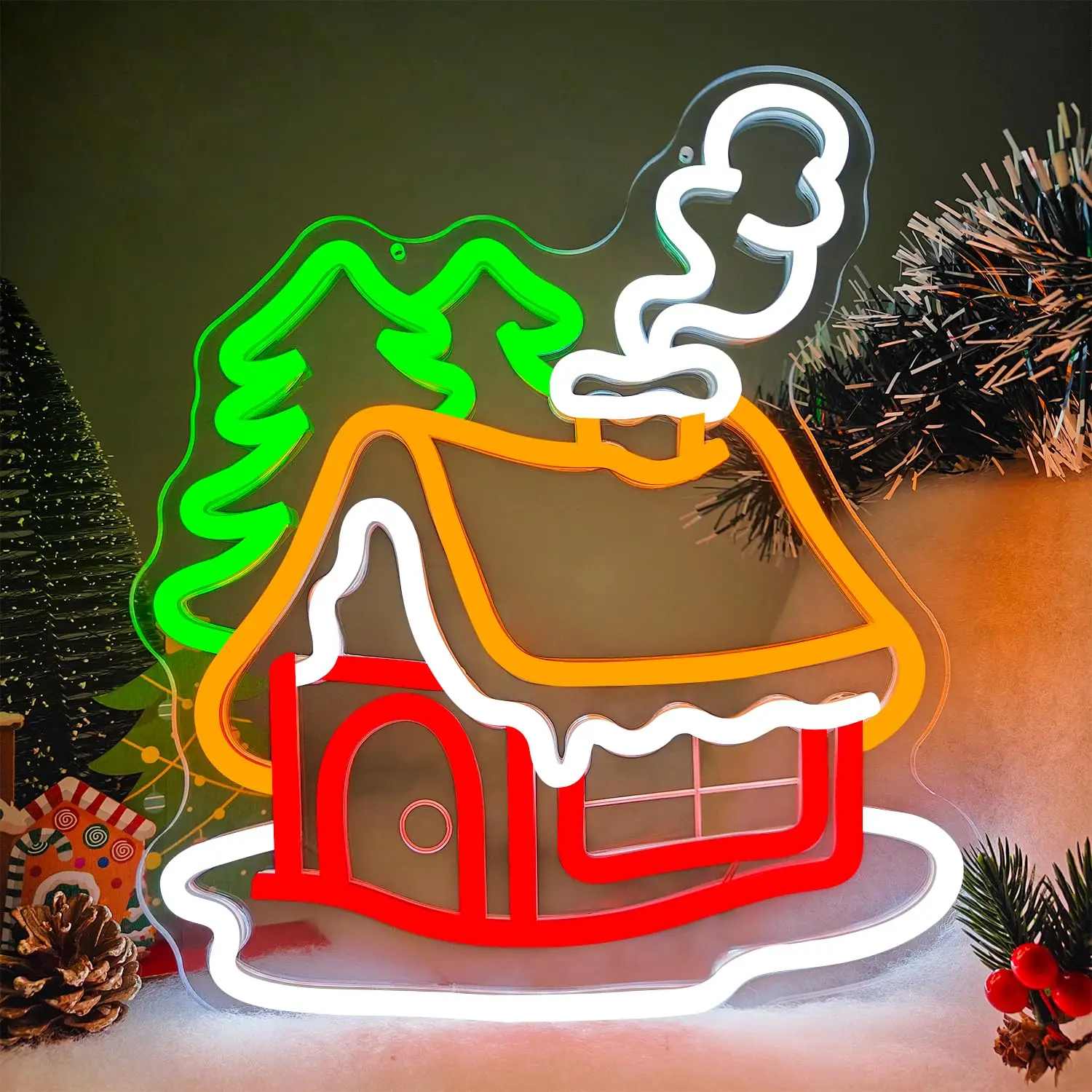 

Рождественская елка, домики, неоновая вывеска для декора стен, резьба, регулируемый переключатель, зимняя светящаяся вывеска для спальни, гостиной, домашнего декора