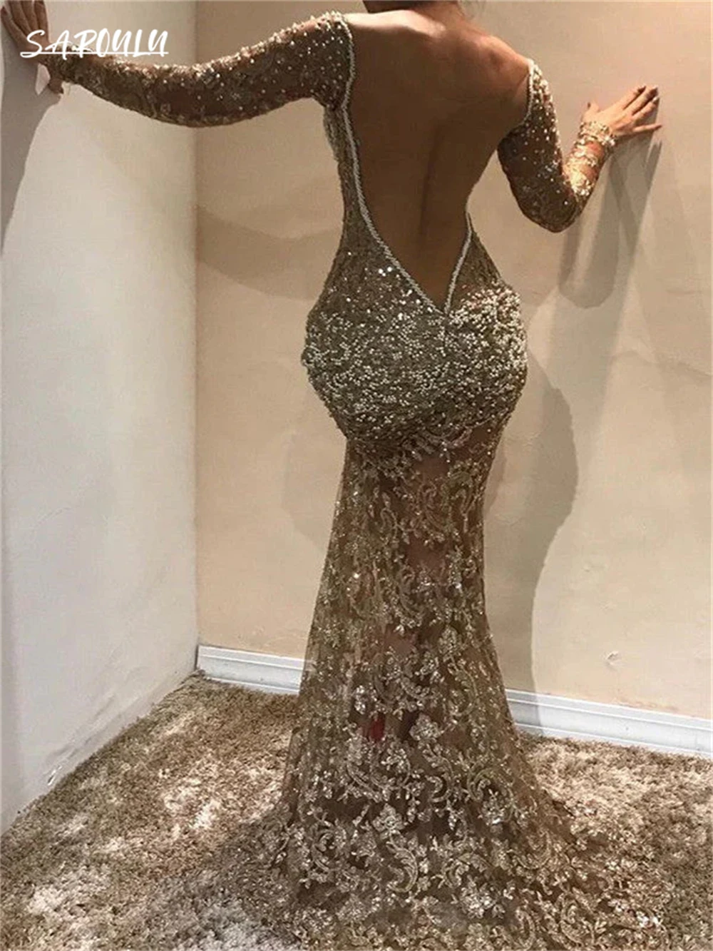 Sexy Mermaid Sequins Cocktail Party Gown Sparkly Long Sleeve O-neck Evening Dress Luxury Vestidos De Novia