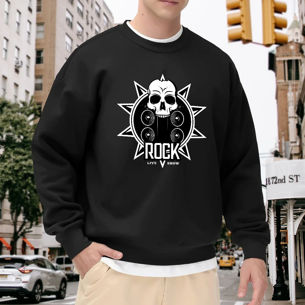 

Men's Black Crew Neck Pullover Sweatshirt with Rock Skull Print, Loose Fit Top, Street Fashion Casual Versatile Style, Comfortable for Everyday Wear and Sports