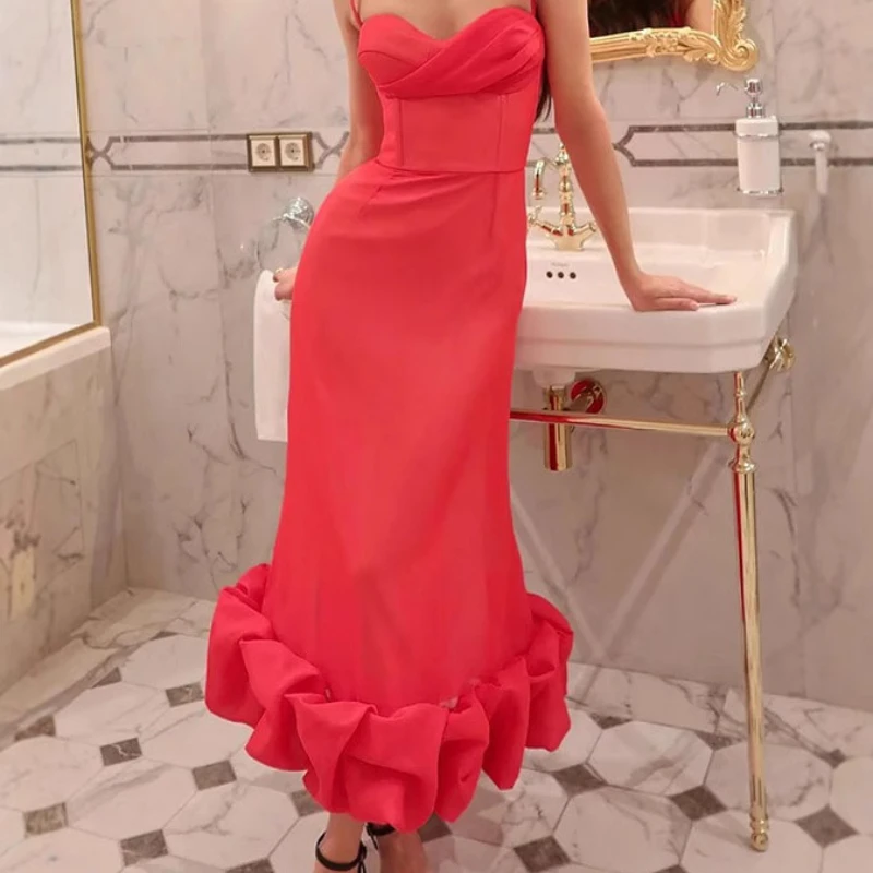 2025 New Summer Solid Color Waist Cinching Sexy Suspender Cake Skirt Hem Dress for Women