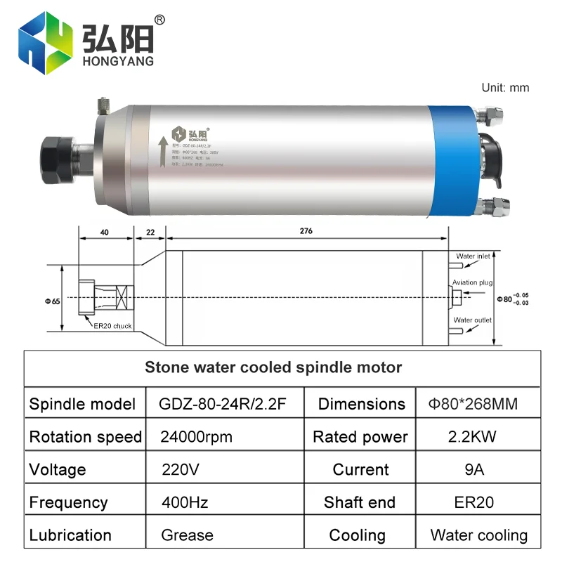 수냉식 스핀들, 타각기 CNC 머시닝 센터, 24000 속도, 공기 도장 더스트 스톤, 2.2kw, 380V, 400hz