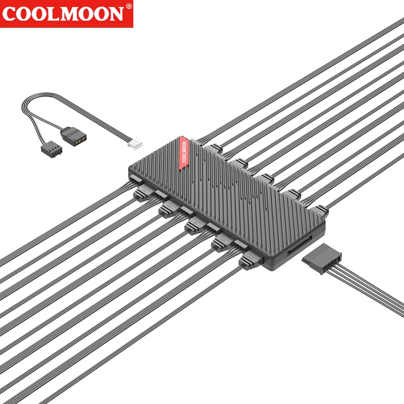 

COOLMOON От 1 до 9 ШИМ и ARGB-концентратор-разветвитель 4-контактный ШИМ 3-контактный адресный адаптер ARGB Концентратор интерфейса SATA для вентилятора корпуса