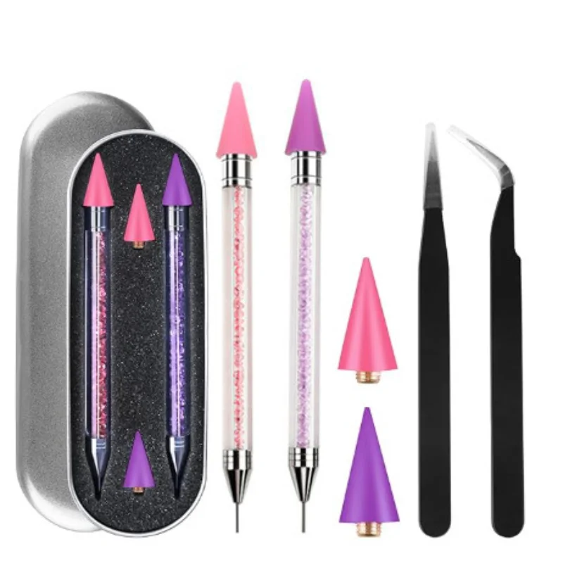 6 Pc Set Double-headed Nail Art Crayon Pen with Tweezers Rhinestones Studs Picker Wax Pencil Manicure Nail Art Tools