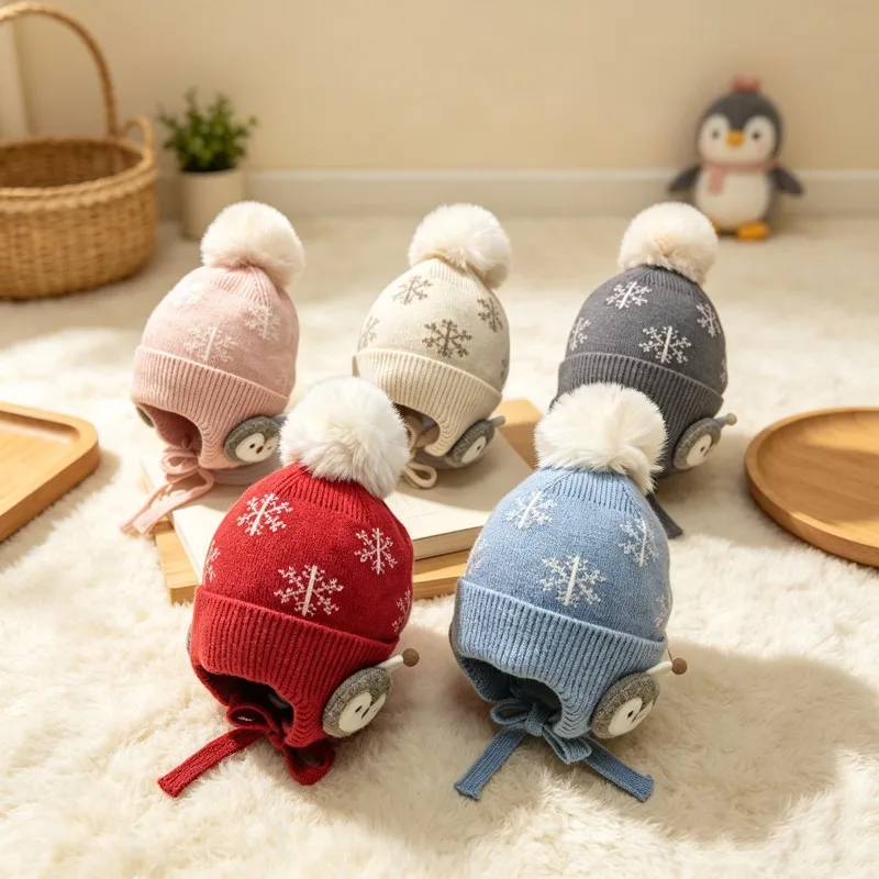 Kids Winter Knitted Earflap Hat Snowflake Pattern Penguin Decor Thick Warm Pom Pom Beanie for Boys Girls Toddler