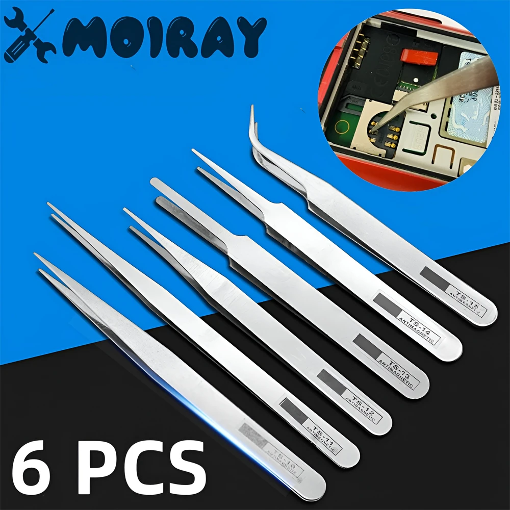 6pcs Watch Repair Tool Professional Stainless Steel Straight Curved Tweezer Watchmaker Detail Repair Tools for Mechanical Quartz