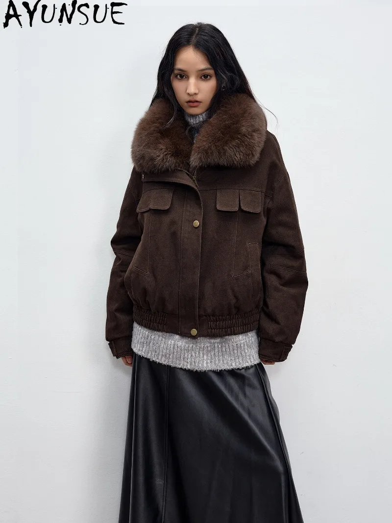 AYUNSUE 90% White Goose Down Jacket Womens Warm Winter Coat Natural Real Fox Fur Collar Short Clothing Jaqueta Feminina Inverno