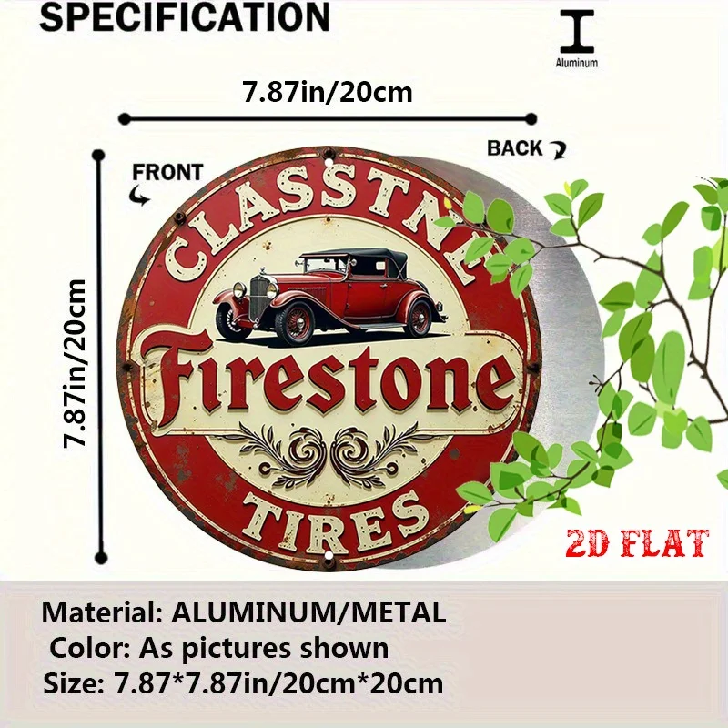 Vintage Firestone Tires Classic Car Round Tin Sign, Retro Red Antique Automobile Gas Station Metal Wall Art, Rustic Old Tire Bra