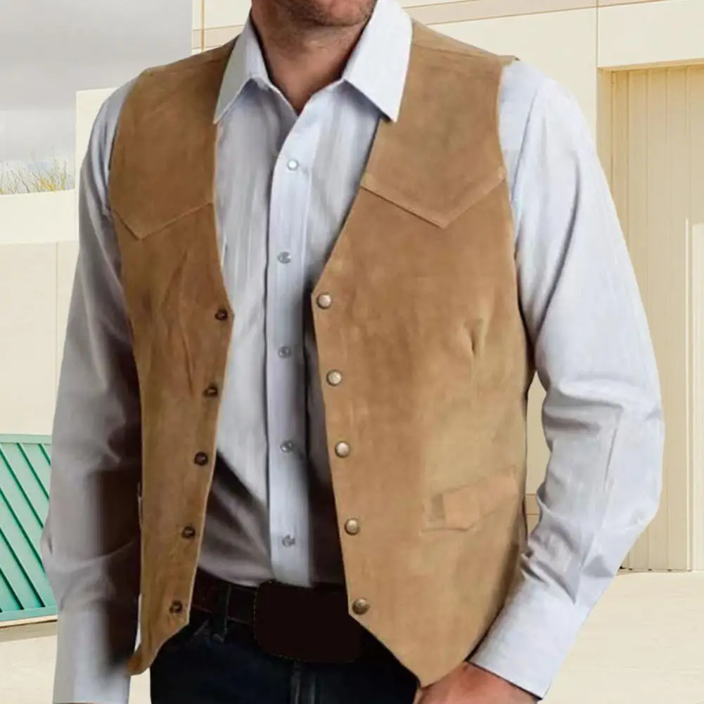 

Men Vest Coat Collarless V-Neck Sleeveless Single Breasted With Pockets Old West Style Waistcoat Formal Business Suit Jacket