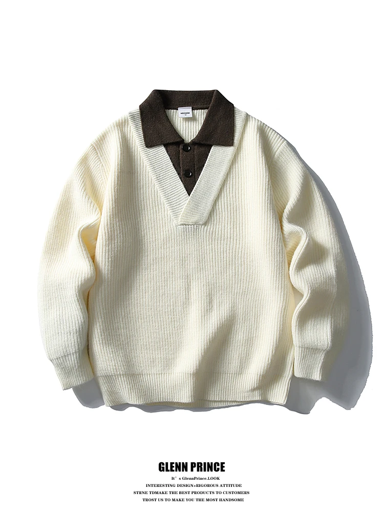 

Мужской вязаный свитер свободного кроя в стиле ретро с эффектом двухслойности, повседневный, с длинным рукавом, осенний модный топ