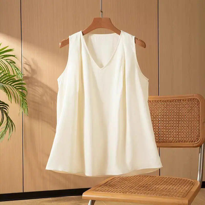 Winsleter-100%Spun Silk Elegant Vest, V Neck Jacquard Folds, Women Retro Lazy Commute Loose Tank Tops, 2026 Summer New T64801CC