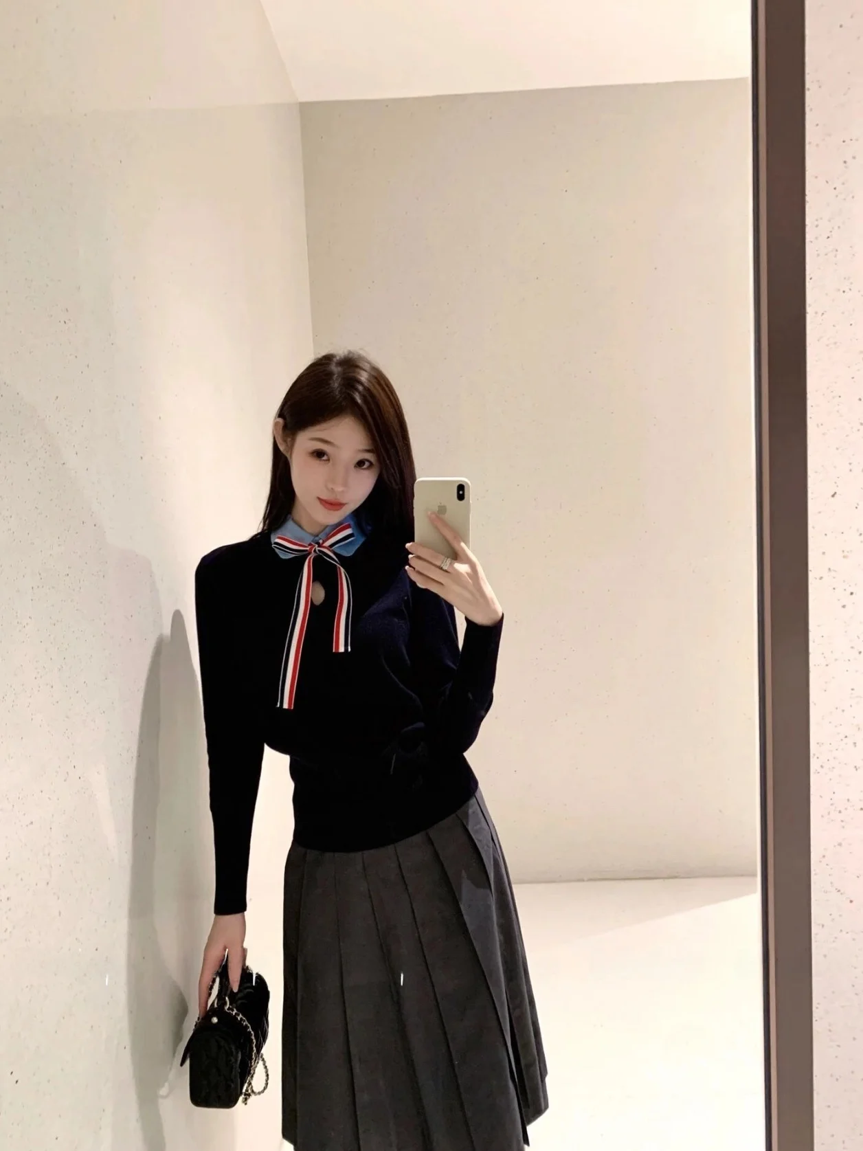  Knot  Collar Splice Fake Two-Piece Knitted Sweater Women's Slim Fit Casual Style Breathable Cotton Wool Blend