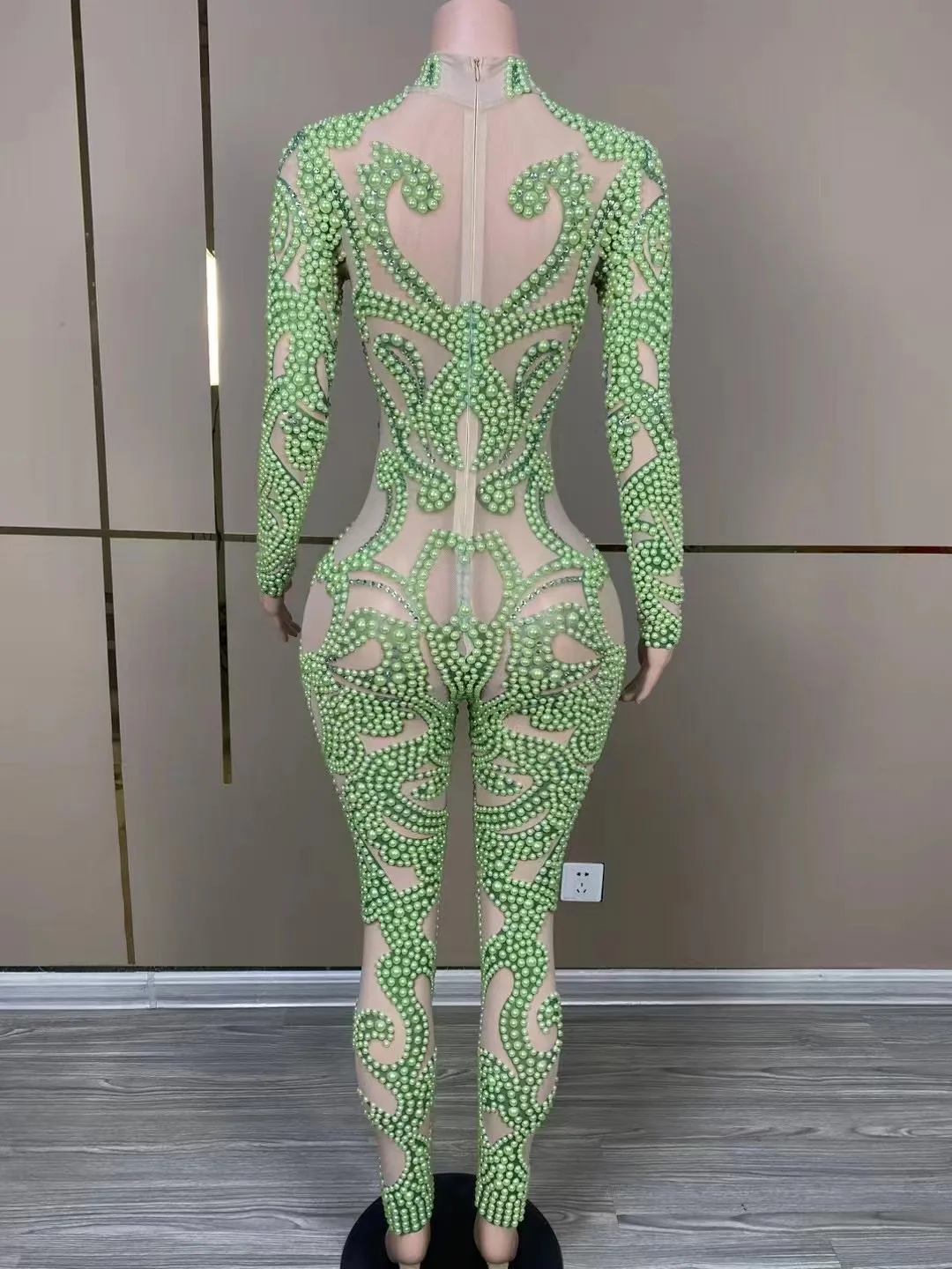 Sexy Stage Sparkly Green Pearls Transparent Mesh Jumpsuit Birthday Celebrate Net Yarn Outfit Women Dancer Photoshoot Wear