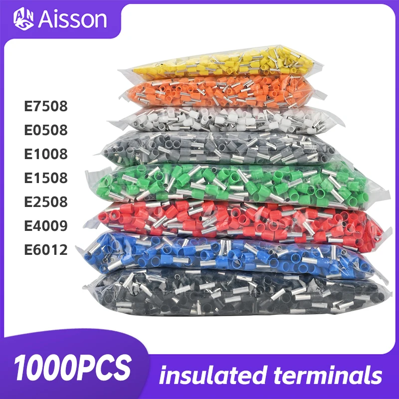 1000pcs/Pack E0508 E1008 E1508 E2508 E4009 E6012 Insulated Ferrules Crimp Wire Terminal Block Cord End Electrical Connector