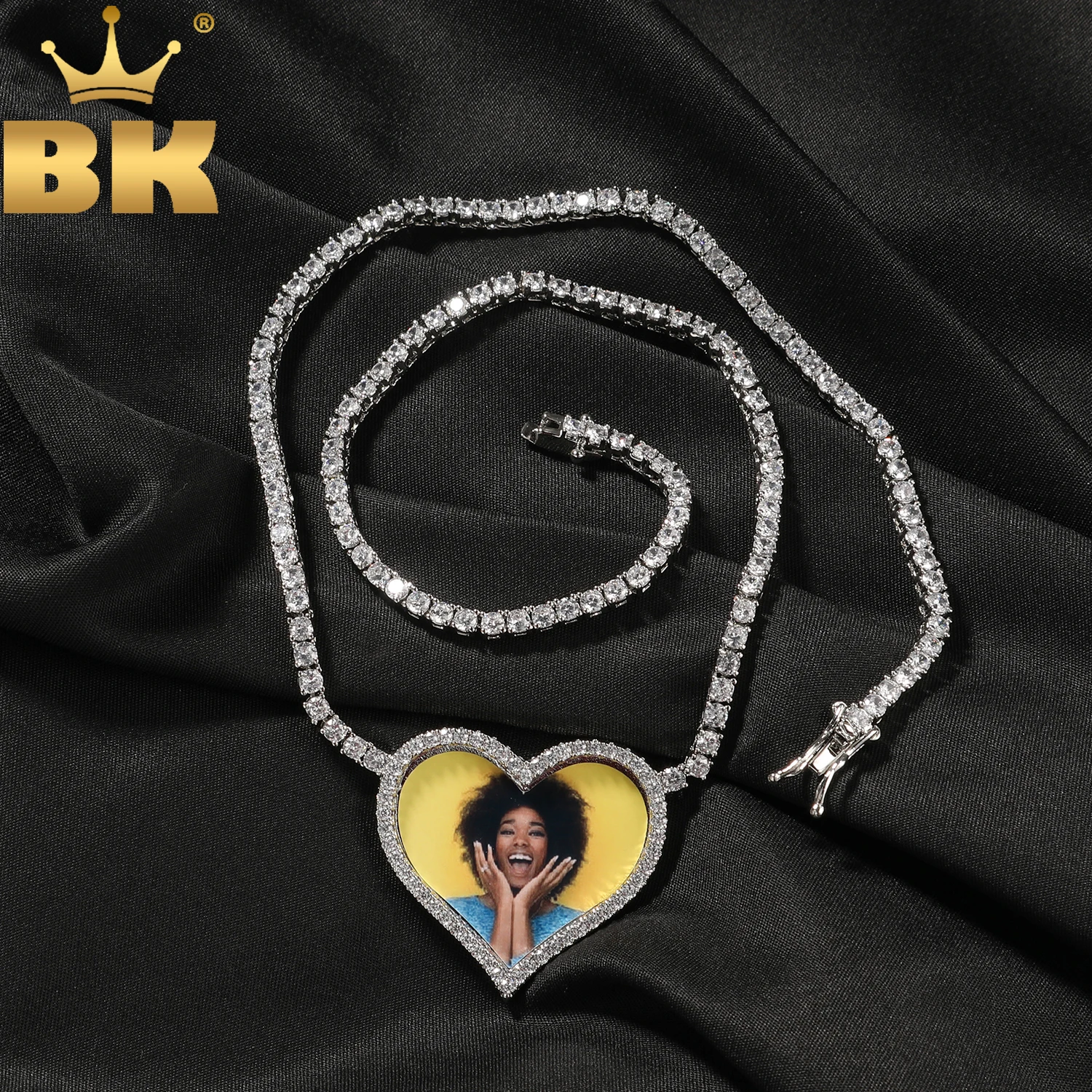 

THE BLING KING Custom Love Heart Photo Pendant Welding 3mm Tennis Chain Engrave Name Iced Out CZ Hiphop Jewelry Memory Gift