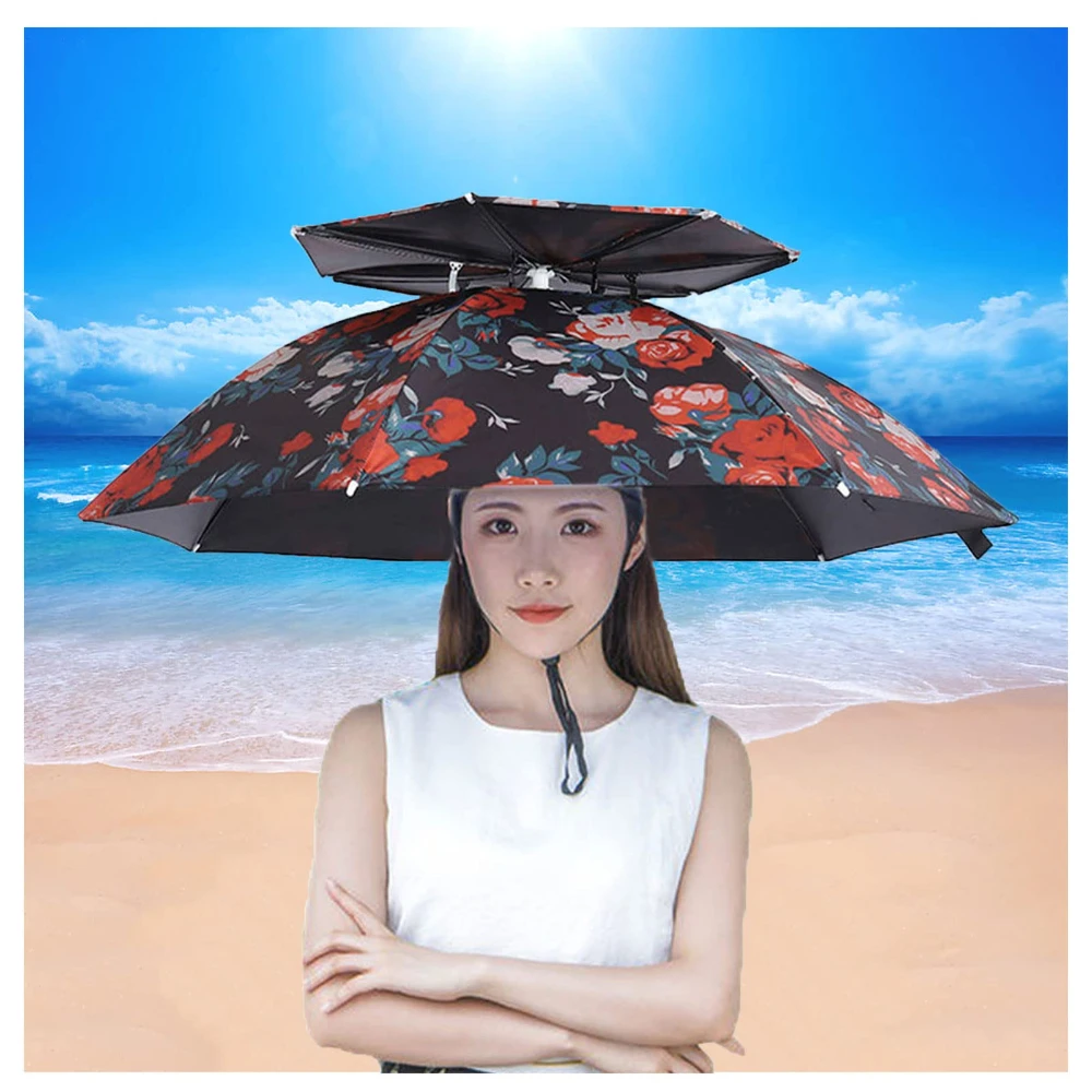 접이식 헤드 마운트 우산 모자, 탄성 밴드 포함, 성인 및 어린이용 야외 휴대용 태양 보호, 방수 우산 모자, 95cm, 1 개
