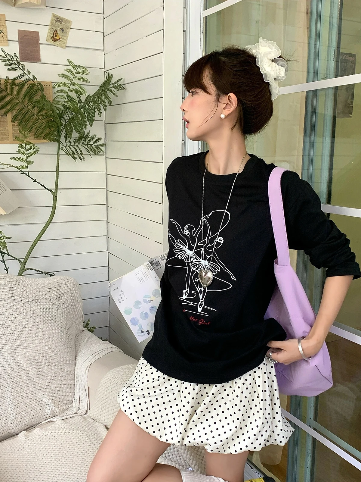 Sakura Ballet Line Print Loose Long Sleeve round Neck T-Shirt Pure Cotton Casual Style Women's Top Comfortable Autumn Wear