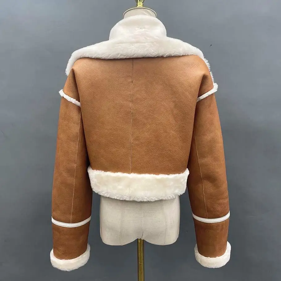 JANEFUR-Veste courte en cuir véritable pour femme, manteau chaud en peau de mouton, mode féminine, vêtements d'hiver, 2023