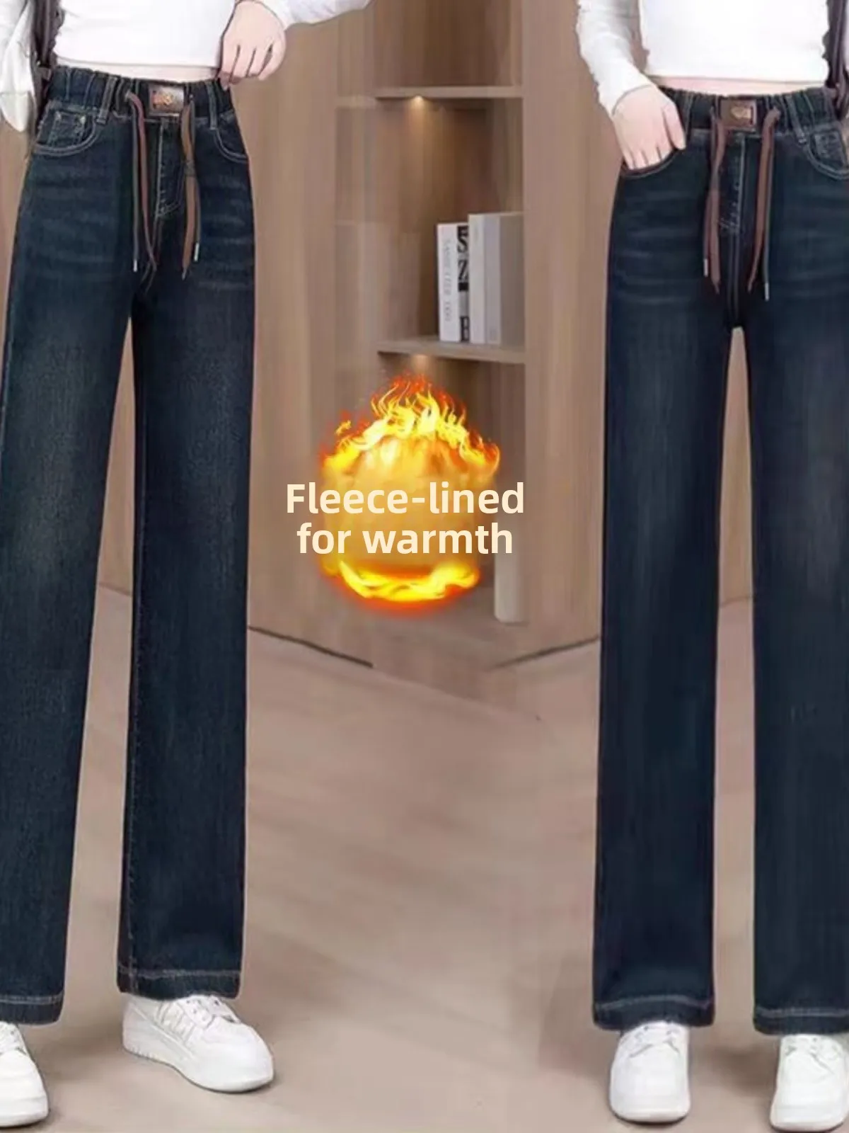 

Fce Lined High Waist Wide Leg Jeans Women's Winter Faionable Versatile Loose Fit Casual Bootcut Trousers