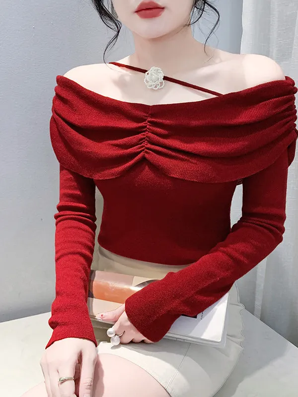 French Style Slim Fit Long Sleeve T-Shirt Shoulder Bared One-Shoulder Base Shirt Autumn New Arrival Women's Fashion Top