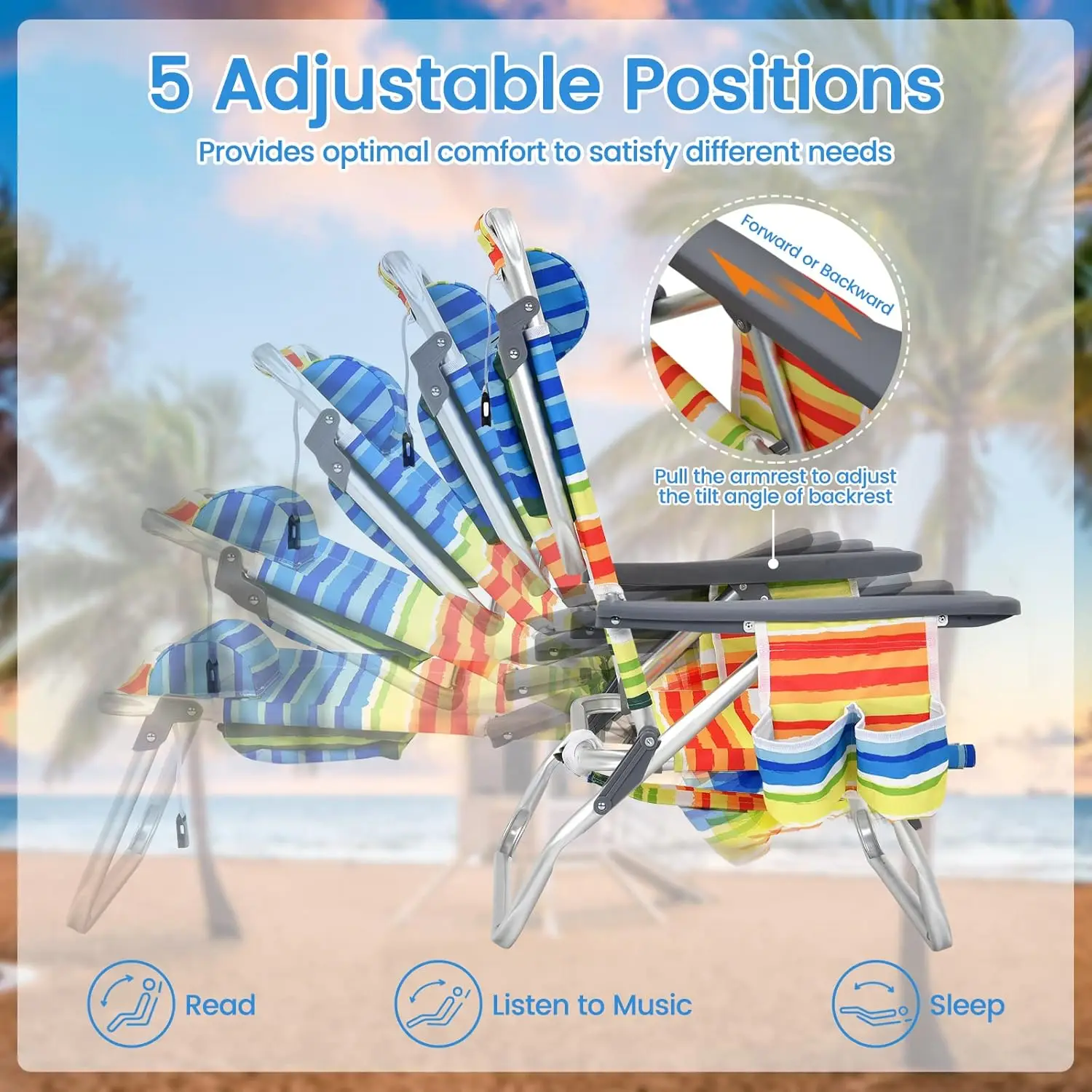 Lot de 4 chaises de plage inclinables à 5 positions, sacs à dos, 2 porte-gobelets, pliables et légères