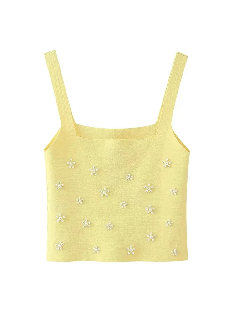 Knitted Yellow Sling Tops for Girls, Casual Sweater Tops, Elastic, Cute, Pearl Decoration, Summer Fashion, 2024