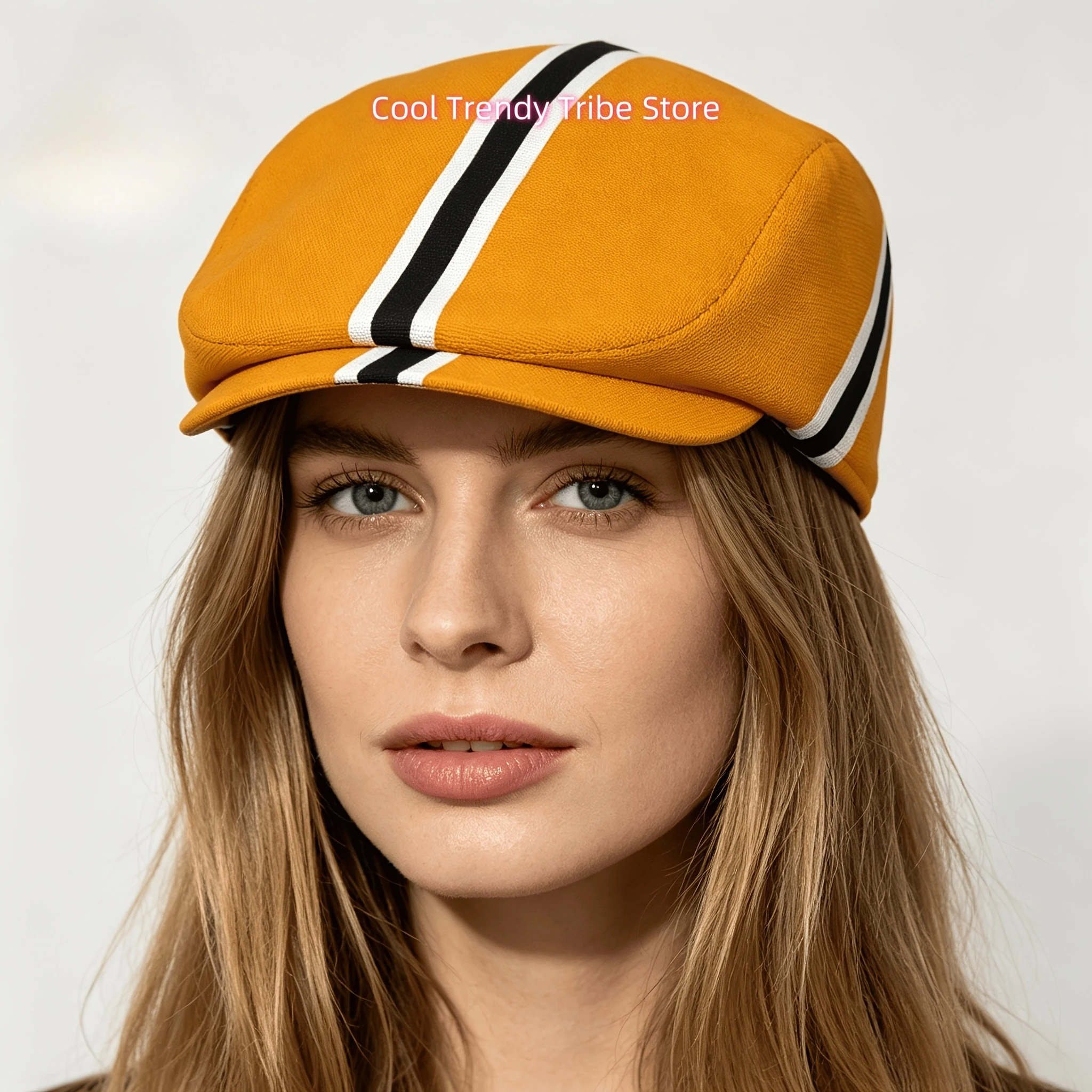 1pc Men's & Women's Orange/Black/White Vertical Stripes All-Over Print Flat-Top Hat - Lightweight Newsboy Cap, Beret, Irish Driv
