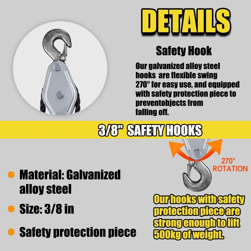 Block and Tackle Pulley System, Rope Pulley Hoist with 4:1 Lifting Power, Multifunctional Heavy Duty Pulley System, 50 Ft, 3/8