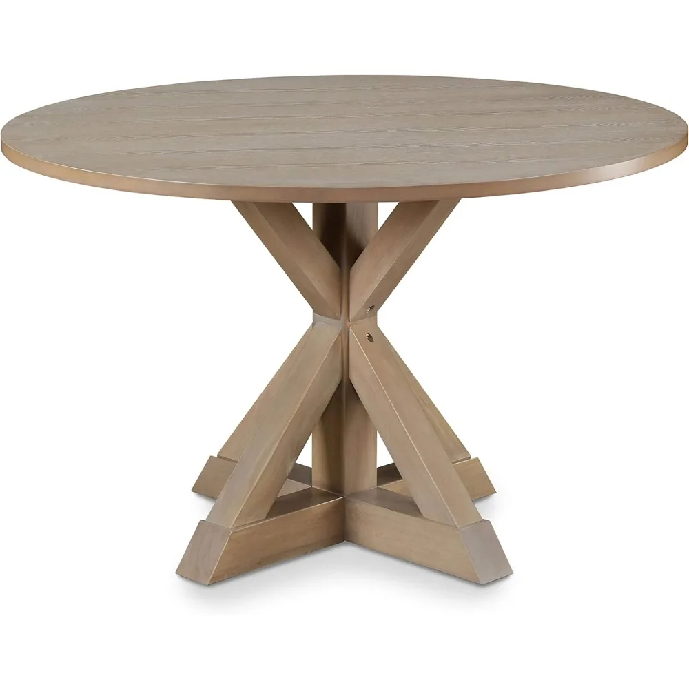 

Alfred Round Solid Wood Rustic Dining Table for Farmhouse Kitchen Room Decor, Wooden Trestle Pedestal Base, 46.5" Wide Circular