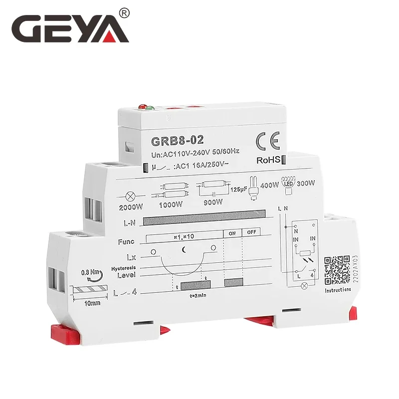 GEYA GRB8-01/02 Din Rail Twilight Switch Photoelectric Timer Light Sensor Relay AC110V-240V Auto ON OFF