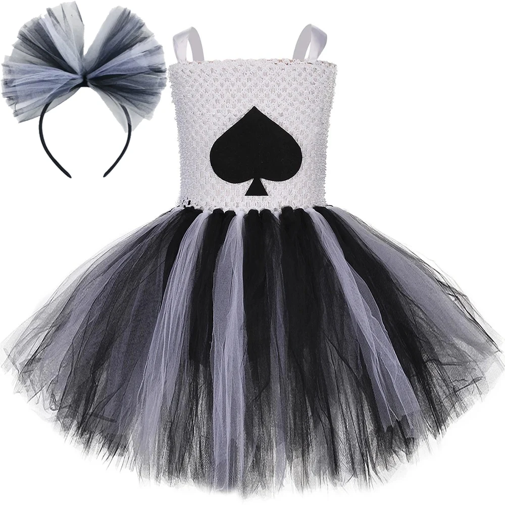 Queen of Spades Tutu Dress for Girls Heart Poker Card Halloween Costumes for Kids Birthday Party Tulle Outfit Children Clothes