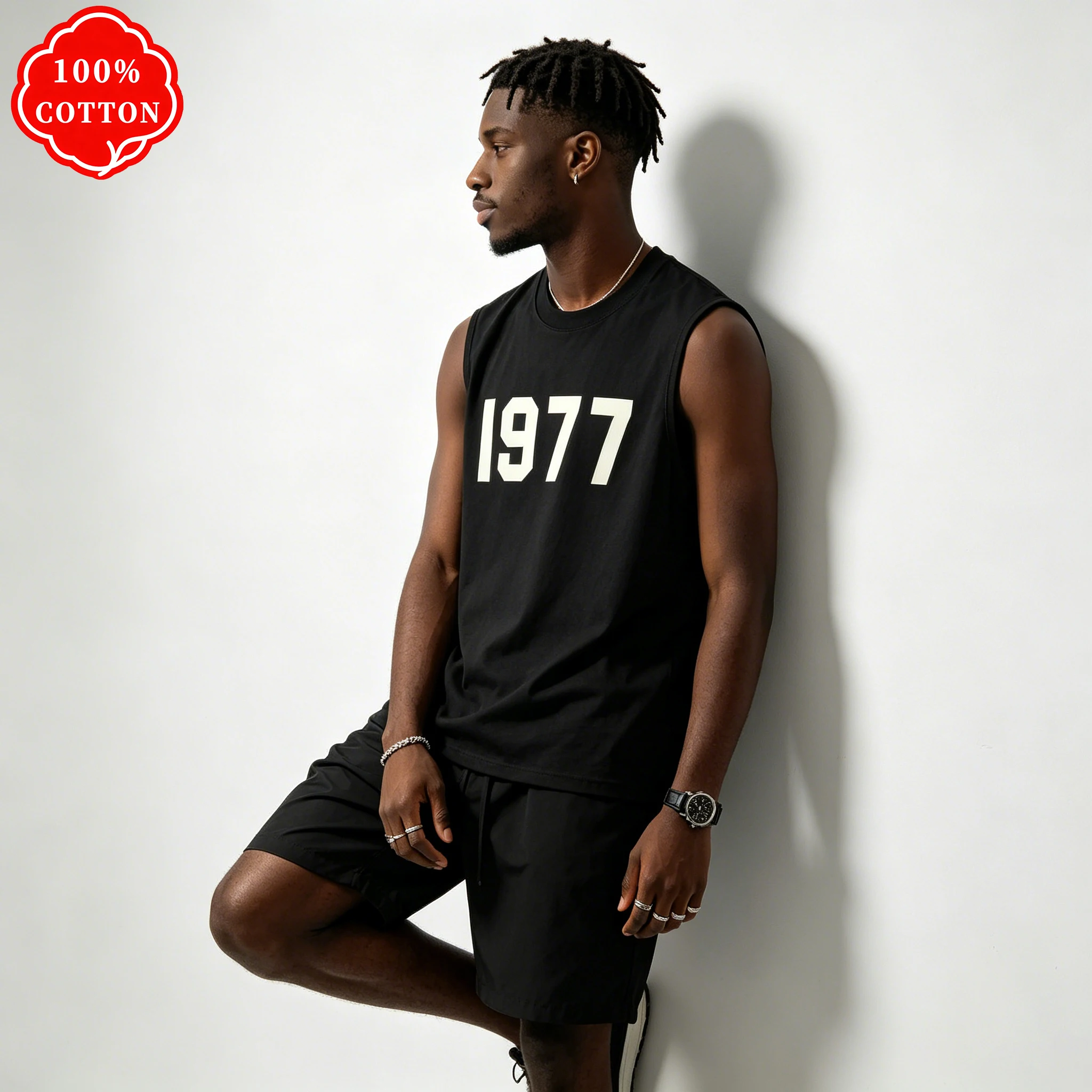 100% cotton men's summer vest is loose-fitting, featuring 1977 patterned print on a round neck and sleeveless design - T56 view 3