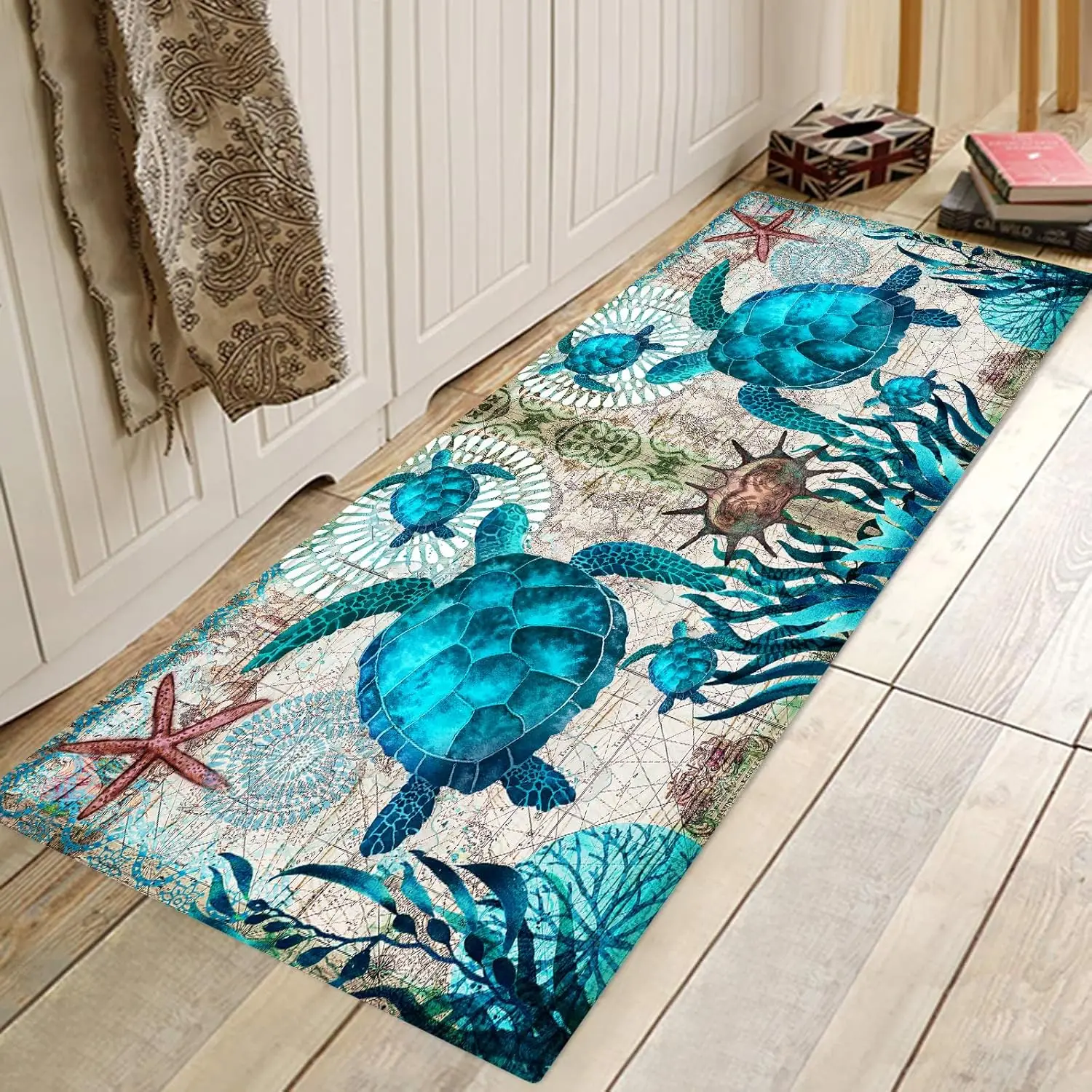 Coastal Runner Rug for Hallway Sea Turtle Hallway Rugs Nautical Throw Rug Blue Turtles Beach Ocean Life Teal Area Carpet NonSlip