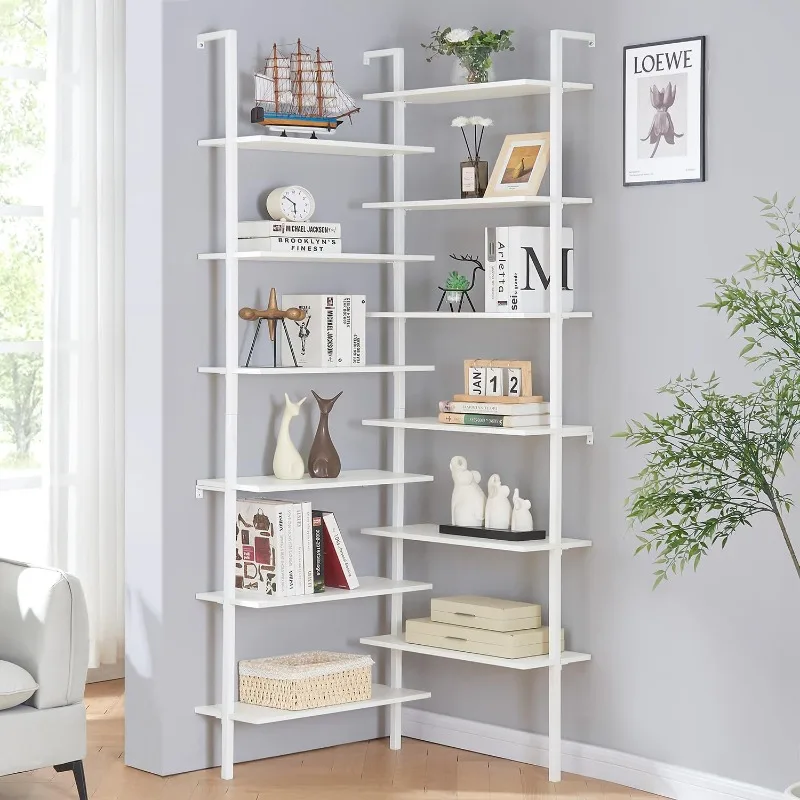 Corner Bookshelf,12-Tier L Shaped Bookshelf, Double Wide Corner Wall Mount Bookcase with Metal Frame and Wood