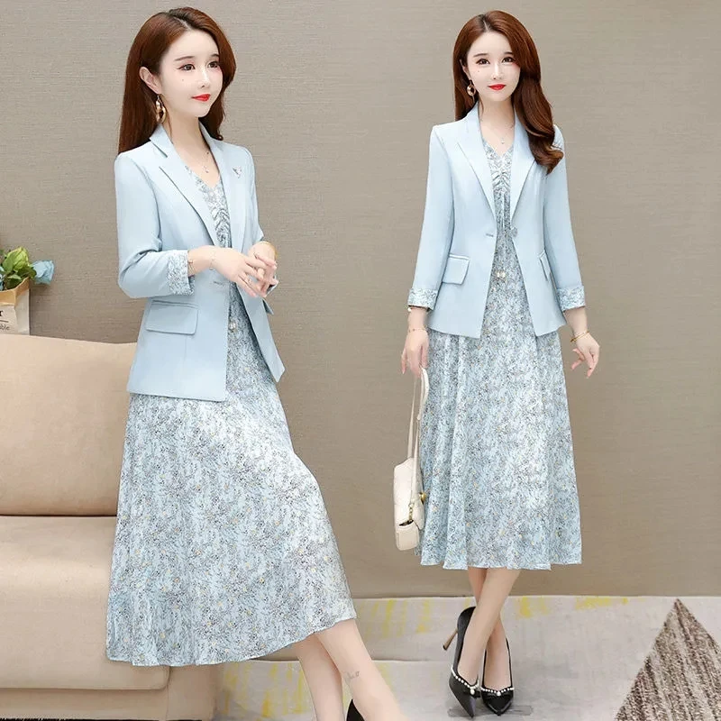 Elegant Floral Dress Suits Fashion 2 Piece Set Women Outfits Casual Thin Chiffon Blazer Jacket And Sleeveless Midi Print Dresses