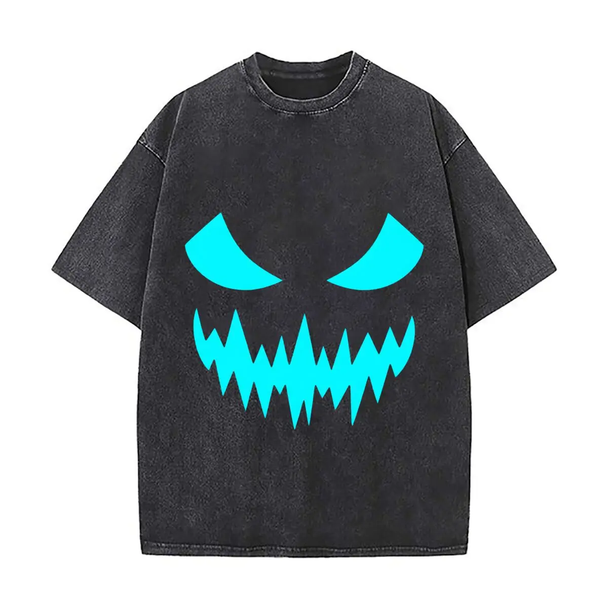 Monster Face Jagged Teeth Horror Halloween Design Washed Vintage Short Sleeve Loose Streetwear Tee