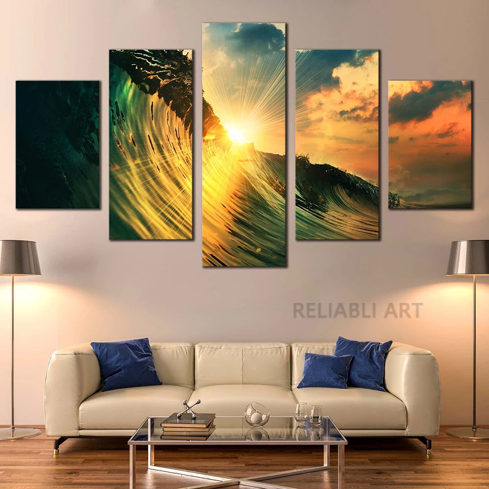 5 Pieces Cloudy Sky Canvas Painting Wall Art Ocean Waves Sunset Multi Falling Landscape Posters and Prints for Living Room Decor