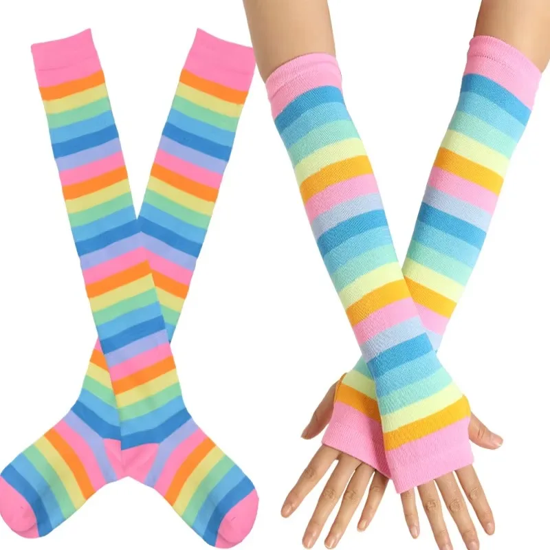 1 Set Over Knee Rainbow Thigh High Socks Gloves Set Cosplay Accessories Arm Leg Warmers for Girls