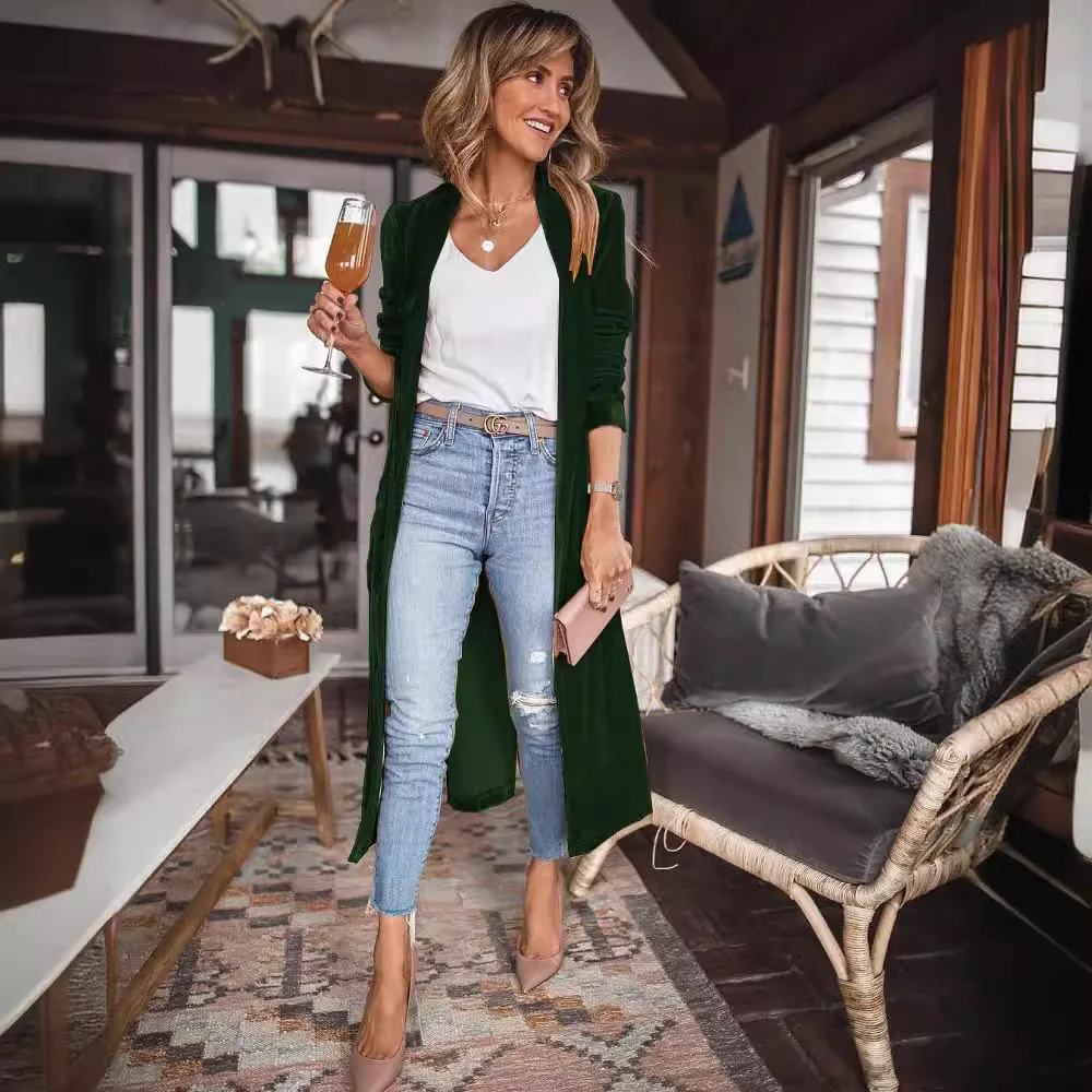 كارديجيل نسائي من الفانيلا يسمح بالتهوية ، معطف بطول منتصف الساق ، غرزة ناعمة مفتوحة ، جاكيت طويل ، ملابس أحادية اللون