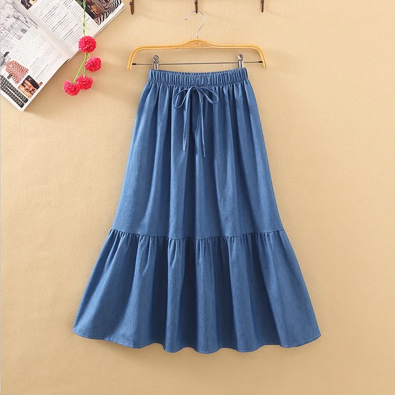 Women denim skirts 2026 new summer fashion solid color casual jean trumpet skirts high waist slim preppy style ruffles skirts